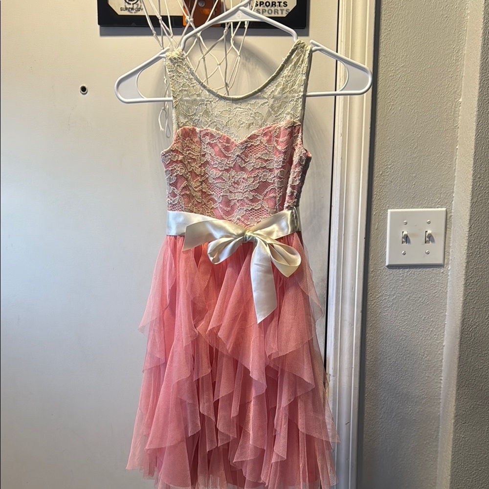 Pink Lace and Tulle Dress with Satin Bow